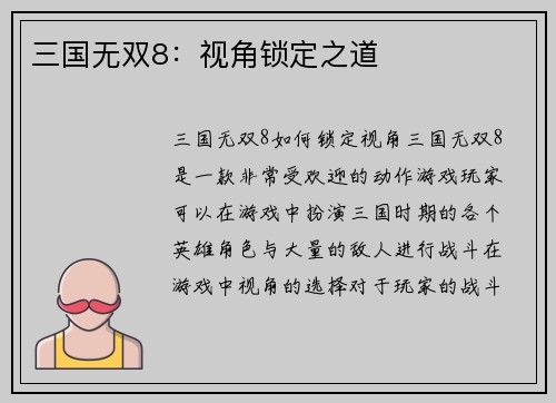 三国无双8：视角锁定之道