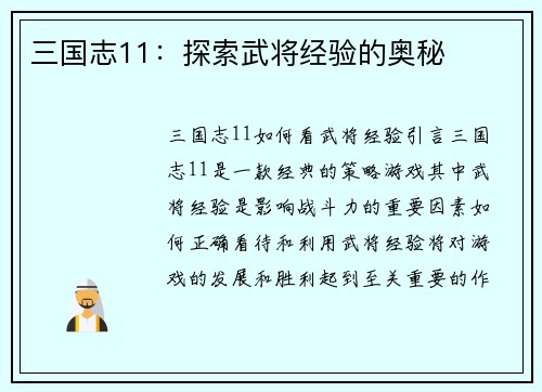 三国志11：探索武将经验的奥秘