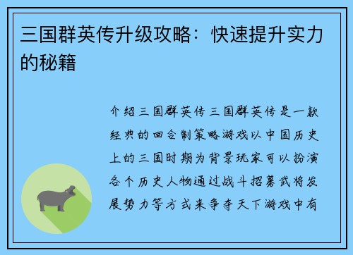三国群英传升级攻略：快速提升实力的秘籍